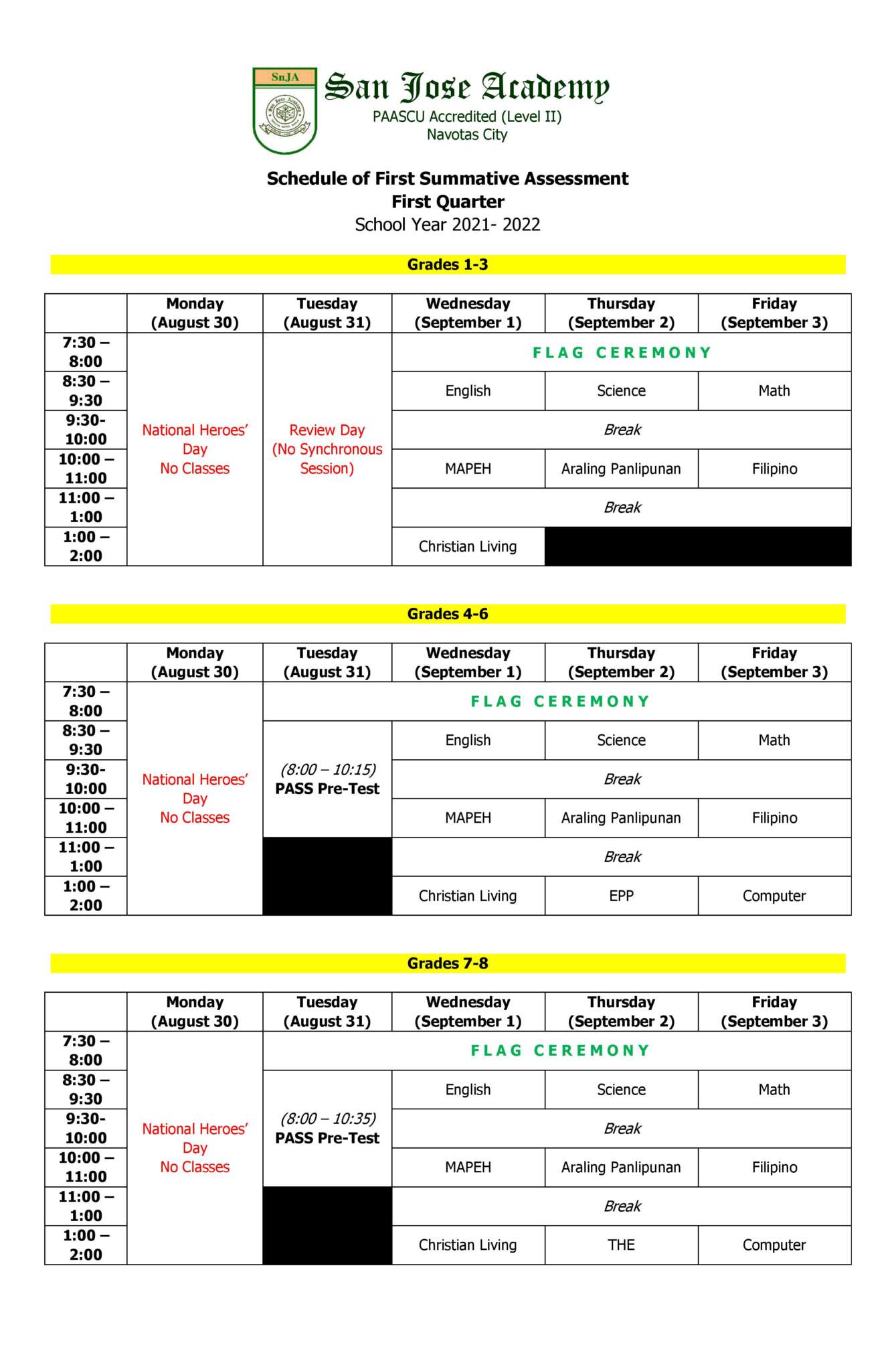 Schedule Of First Summative Assessment First Quarter School Year 2021 2022 San Jose Academy