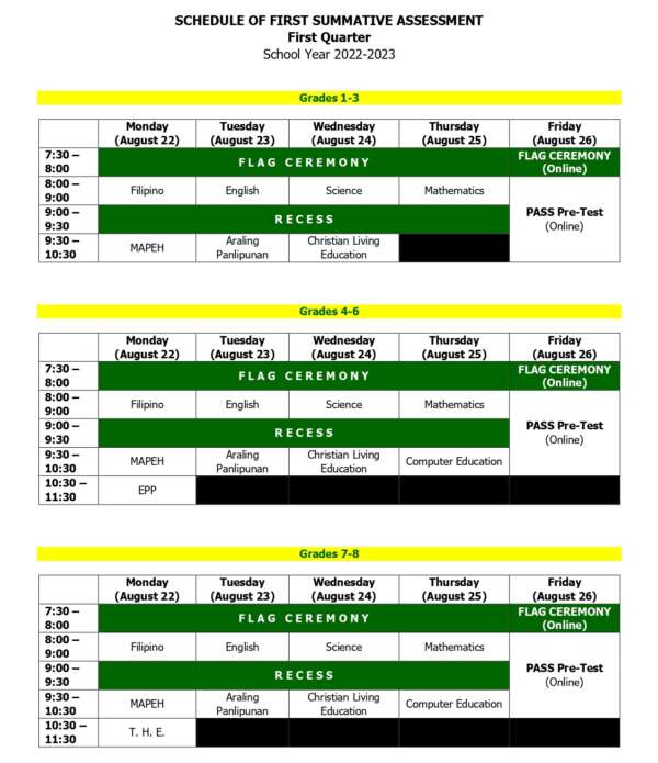 Schedule of First Quarter First Summative Assessment School Year 2022 ...