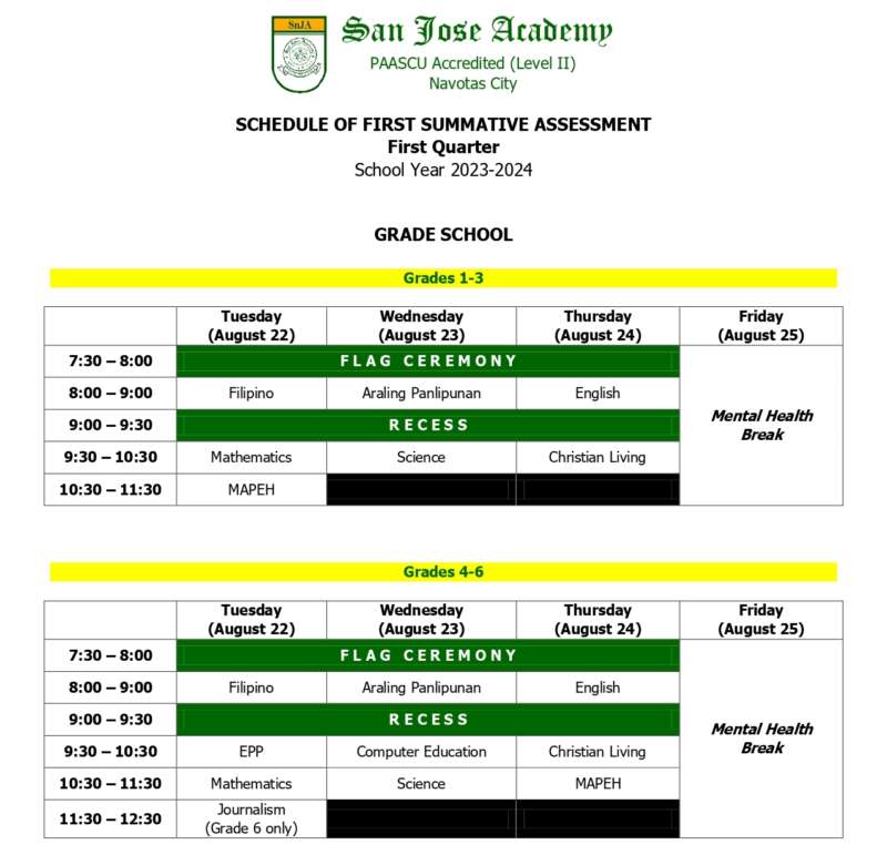 Schedule of First Quarter First Summative Assessment School Year 2023 ...